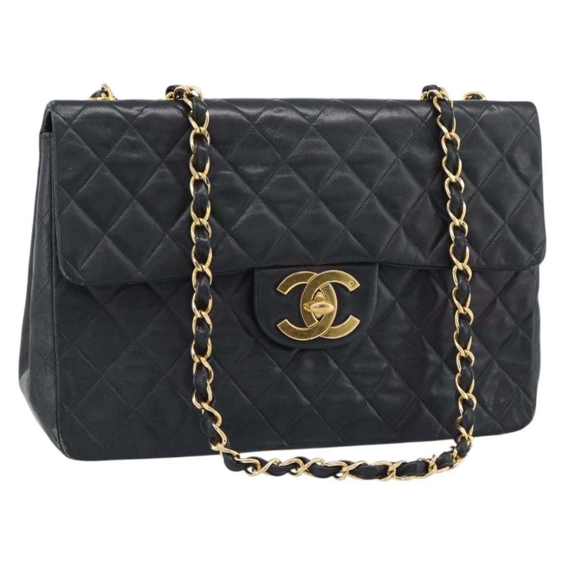 CHANEL Big Matelasse 34 Lamb Skin Shoulder Bag Black Gold CC: CHANEL Big Matelasse 34 Lamb Skin Shoulder Bag Black Gold CC A CHANEL Matelasse 34 chain shoulder bag in black lamb skin with gold-tone details. This shoulder bag includes a guarantee card and was mad