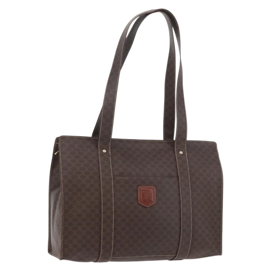 CELINE Macadam PVC Leather Tote Bag Brown Gold Italy: CELINE Macadam PVC Leather Tote Bag Brown Gold Italy This CELINE Macadam tote bag is crafted from brown and gold PVC leather and features the signature Macadam canvas design. Made in Italy, this spaci