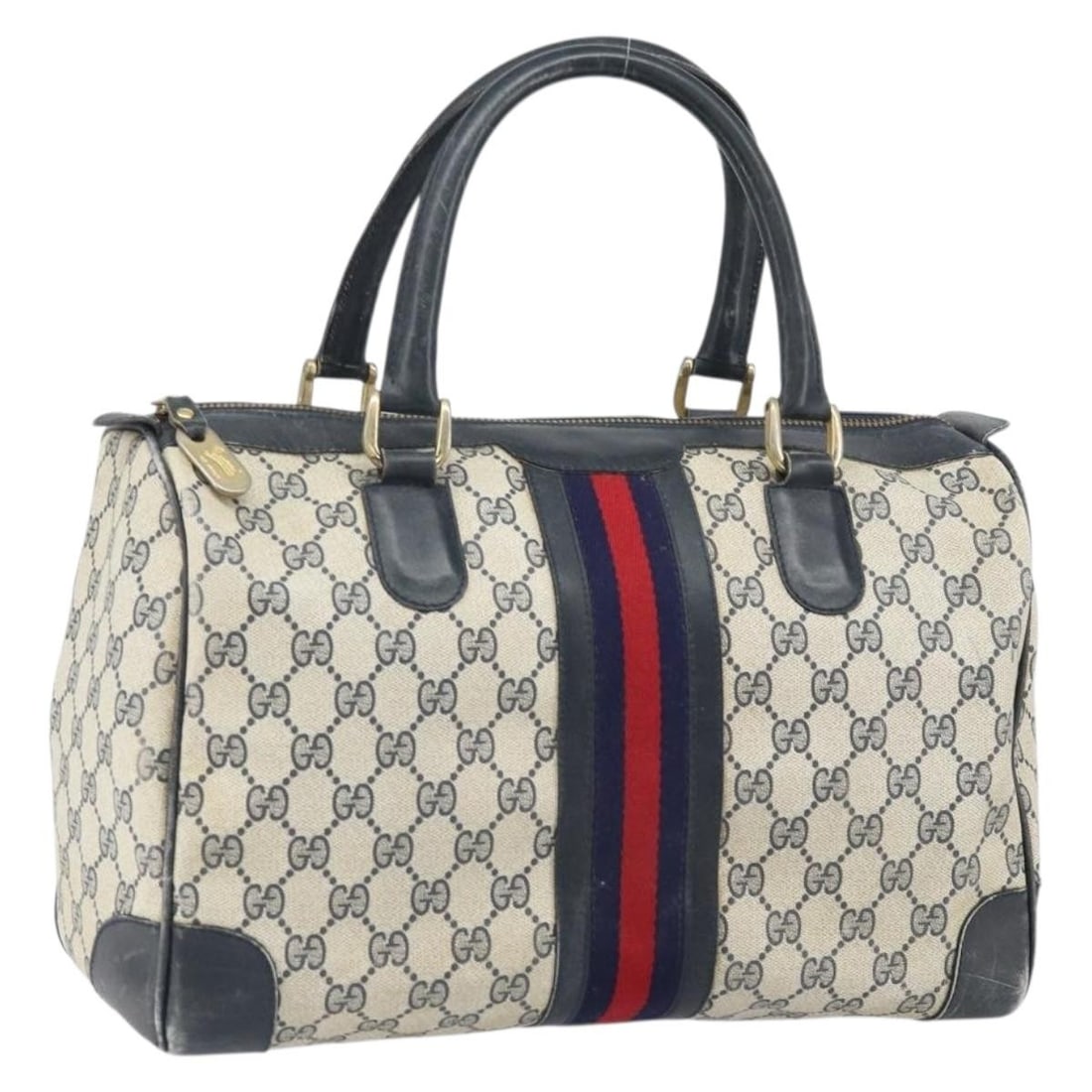 Navy Gold GG Canvas Gucci Sherry Line Handbag Made in Italy: Navy Gold GG Canvas Gucci Sherry Line Handbag Made in Italy This GUCCI GG Supreme Sherry Line handbag features navy and gold GG canvas exterior with a handle drop of approximately 5.5 inches. Made in 