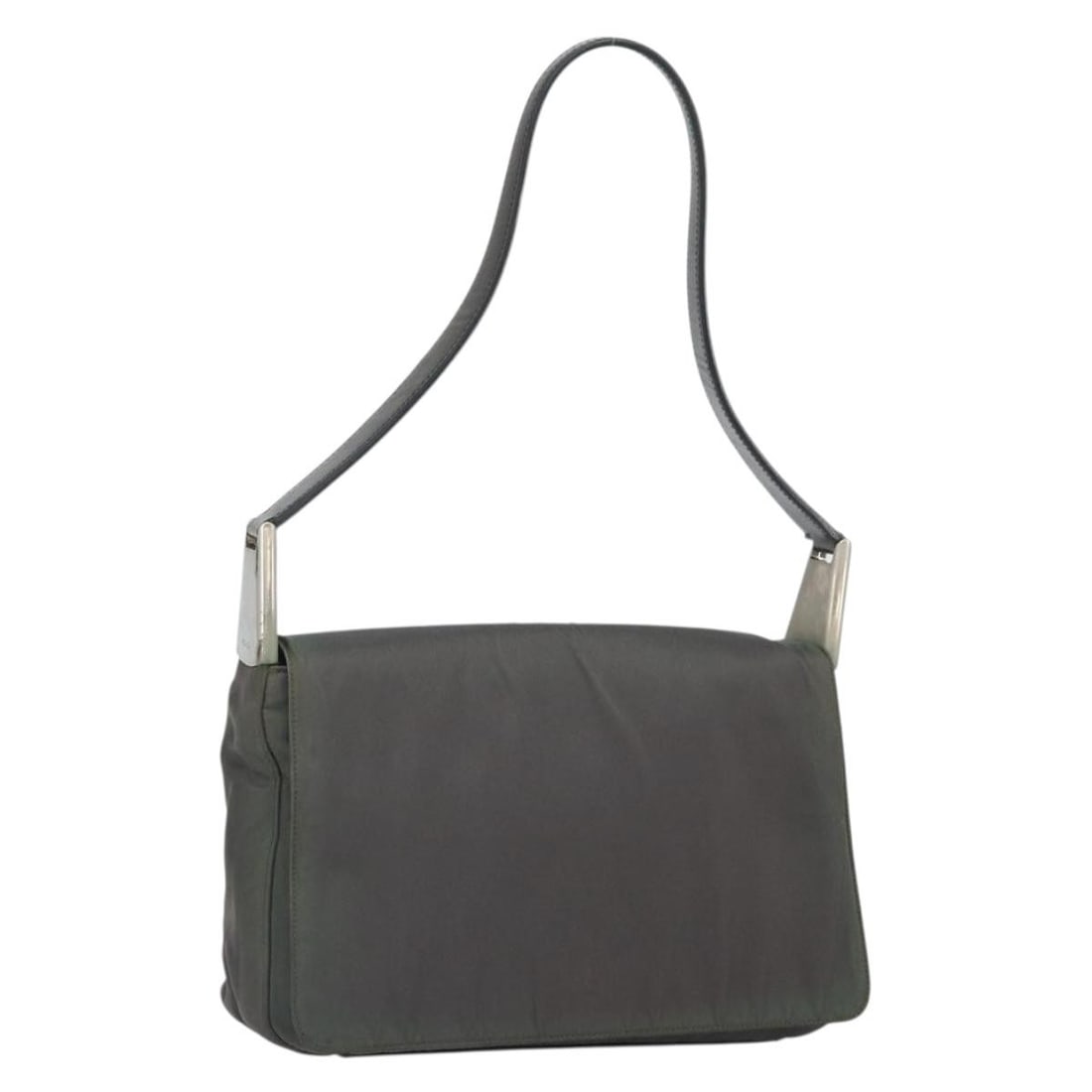 Prada Gray Nylon Shoulder Bag with Silver Accents and Guarantee Card: Prada Gray Nylon Shoulder Bag with Silver Accents and Guarantee Card This PRADA shoulder bag features a gray and silver nylon exterior and is crafted in Italy. The bag offers a practical design with a