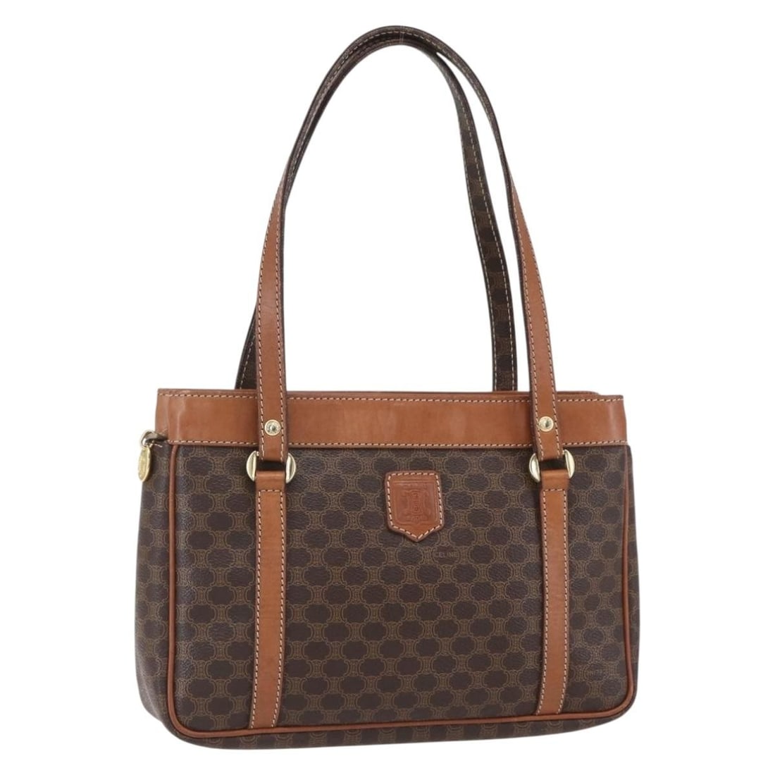 CELINE Macadam Brown PVC Leather Hand Bag Gold Tone: CELINE Macadam Brown PVC Leather Hand Bag Gold Tone A CELINE Macadam canvas hand bag in brown and gold, made from PVC leather and Macadam canvas. It measures approximately W25 x H18 x D6 cm, with a ha