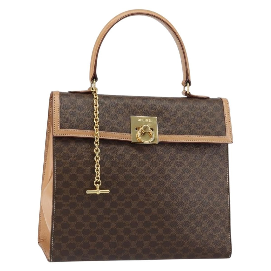 Celine Macadam Brown PVC Leather Handbag Gold Tone Hardware: Celine Macadam Brown PVC Leather Handbag Gold Tone Hardware A CELINE handbag in brown and gold, made from PVC leather and Macadam canvas. It is a hand bag style piece made in Italy and comes with the 