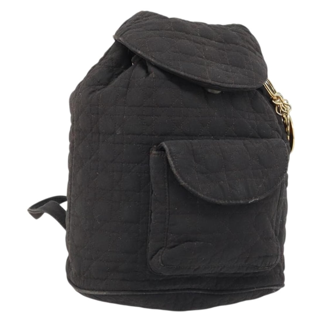 Christian Dior Lady Dior Brown Nylon Backpack with Charm: Christian Dior Lady Dior Brown Nylon Backpack with Charm Brown and gold nylon backpack in the Lady Dior style, made in Italy and accompanied by a charm accessory. The item is heavily used, with visibl