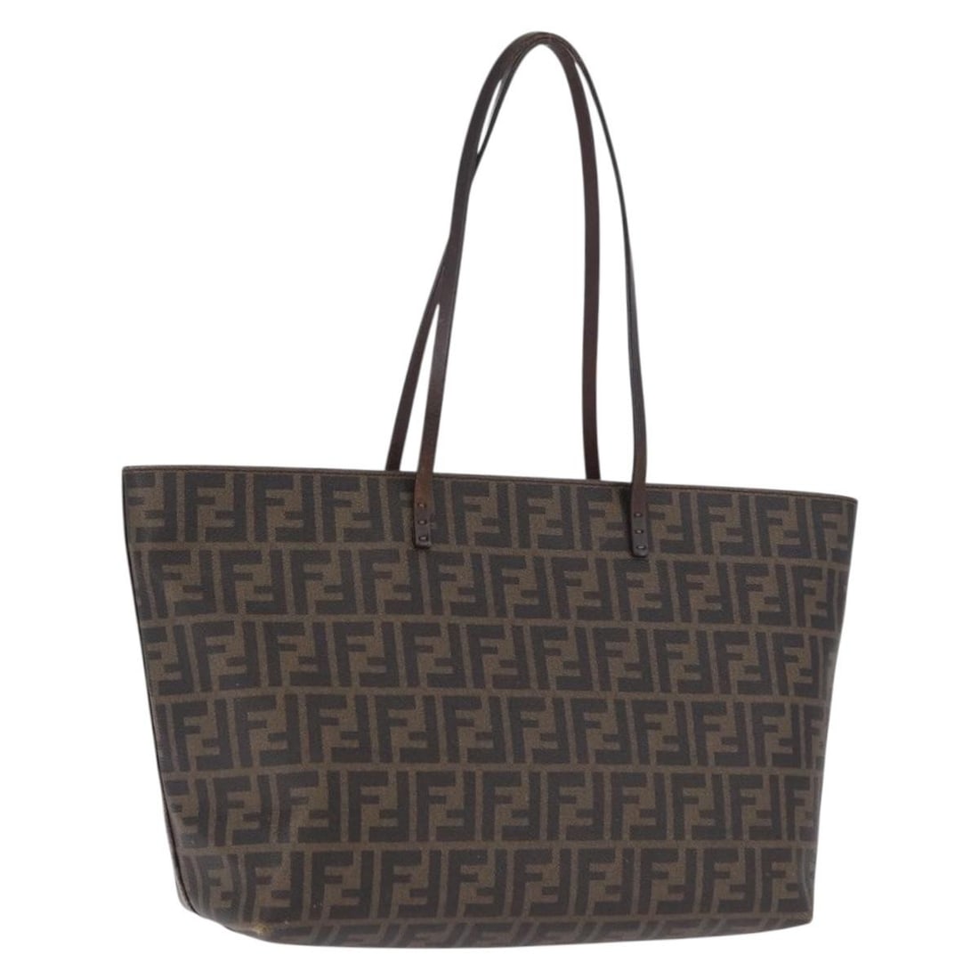 FENDI Zucca Tote Bag Brown Black PVC Leather Italy: FENDI Zucca Tote Bag Brown Black PVC Leather Italy FENDI tote bag in brown and black PVC leather and Zucca canvas, made in Italy. This women's bag features a handle drop of approximately 10.6 inches (