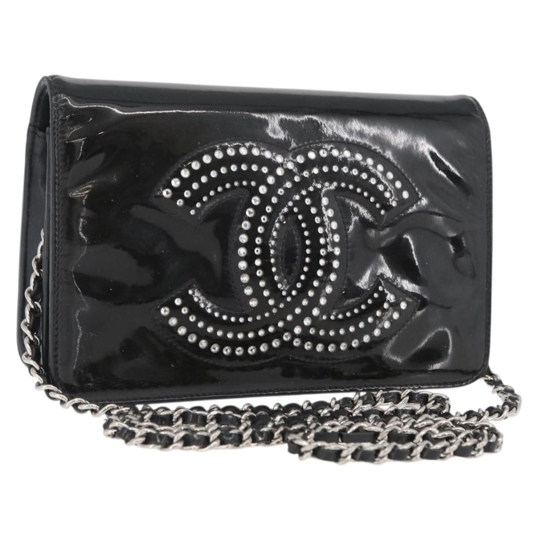 Patent Leather Shoulder Bag CHANEL Coco Mark Black Silver CC: Patent Leather Shoulder Bag CHANEL Coco Mark Black Silver CC A Chanel Coco Mark chain shoulder bag in black patent leather with silver-tone accents. It is a shoulder bag made in France and comes with 
