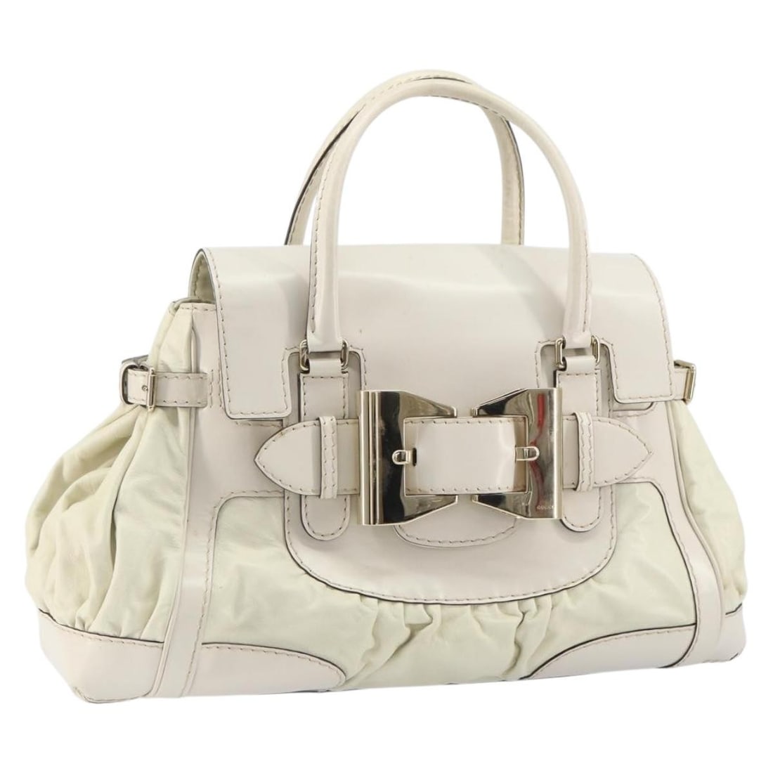 GUCCI 189883 Leather Hand Bag White Gold Authentic Italy: GUCCI 189883 Leather Hand Bag White Gold Authentic Italy This authentic GUCCI handbag, crafted in Italy, showcases a chic blend of white and gold leather. The stylish design features a spacious interi