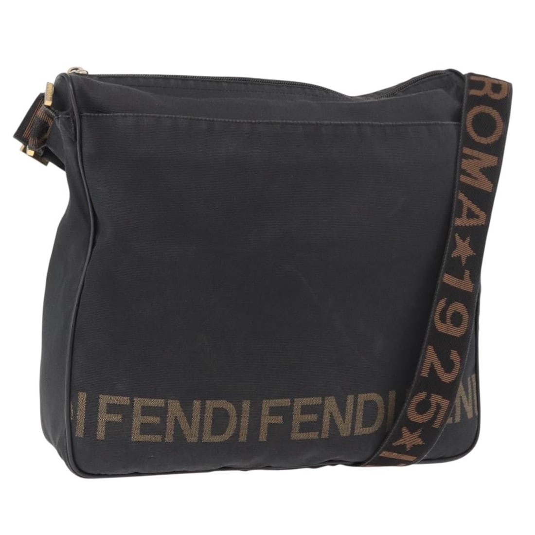 Fendi Canvas Shoulder Bag Black Gold Tone with Pouch: Fendi Canvas Shoulder Bag Black Gold Tone with Pouch A Fendi shoulder bag crafted in black and gold canvas, made in Italy. It comes with a pouch accessory and features a shoulder drop of approximately