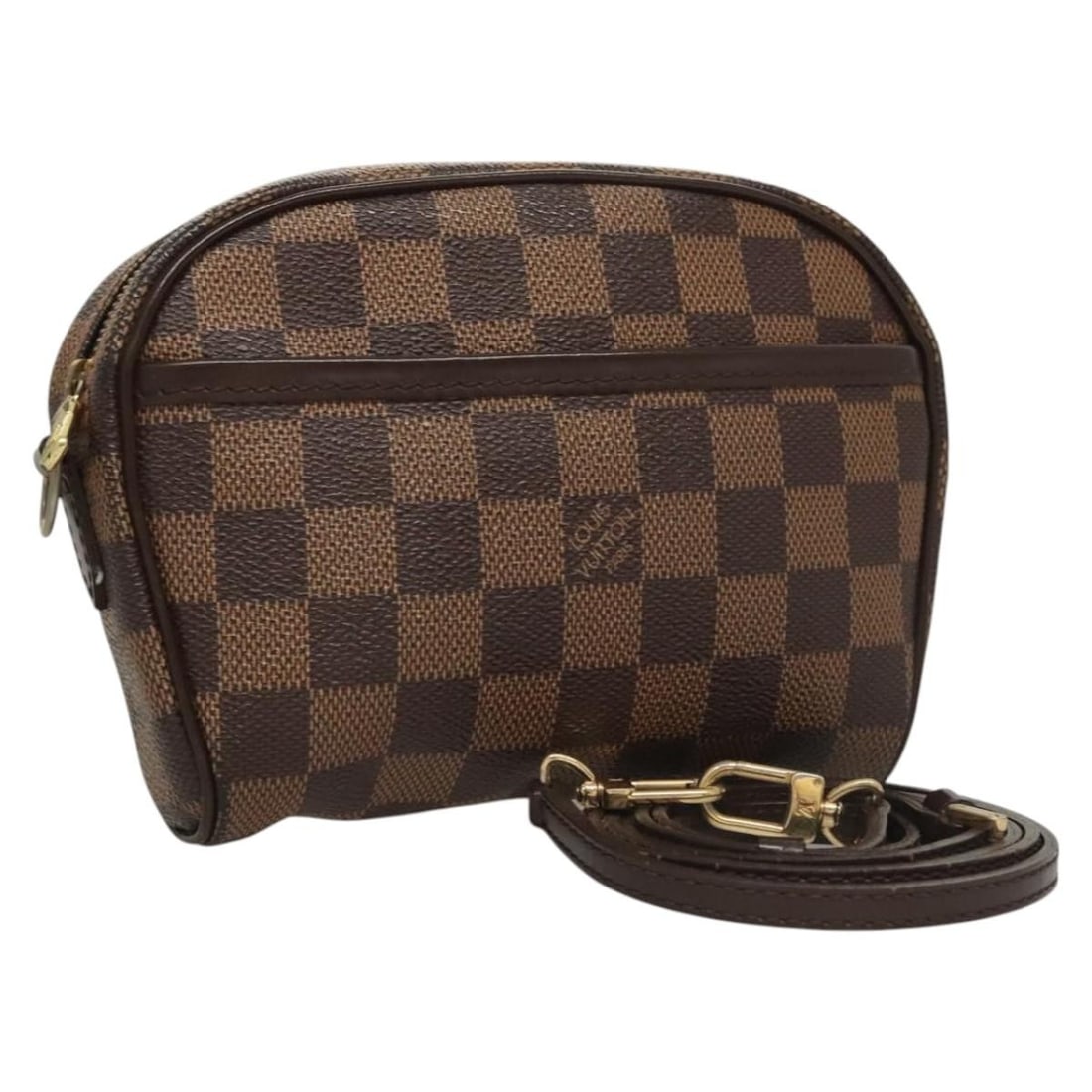 Louis Vuitton Damier Ebene Pochette Ipanema Shoulder Bag with Strap: Louis Vuitton Damier Ebene Pochette Ipanema Shoulder Bag with Strap This Louis Vuitton Damier Ebene Pochette Ipanema Shoulder Bag features the signature Damier Ebene canvas and is designed for women. 