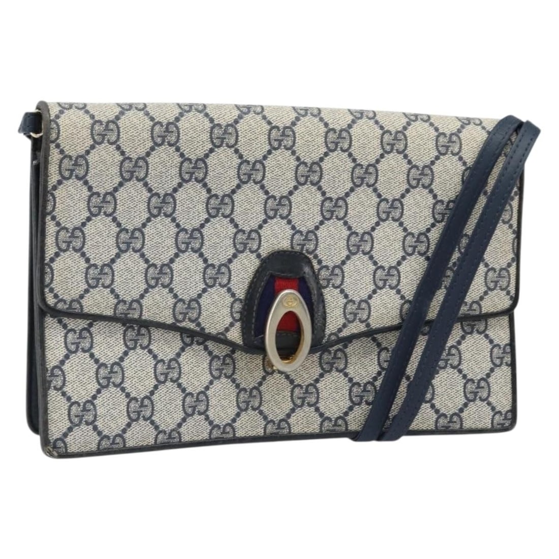 Gucci Sherry Line navy gold PVC leather shoulder bag: Gucci Sherry Line navy gold PVC leather shoulder bag This GUCCI GG Supreme Sherry Line shoulder bag features a navy and gold color scheme with PVC leather and GG canvas materials. Designed for women, 