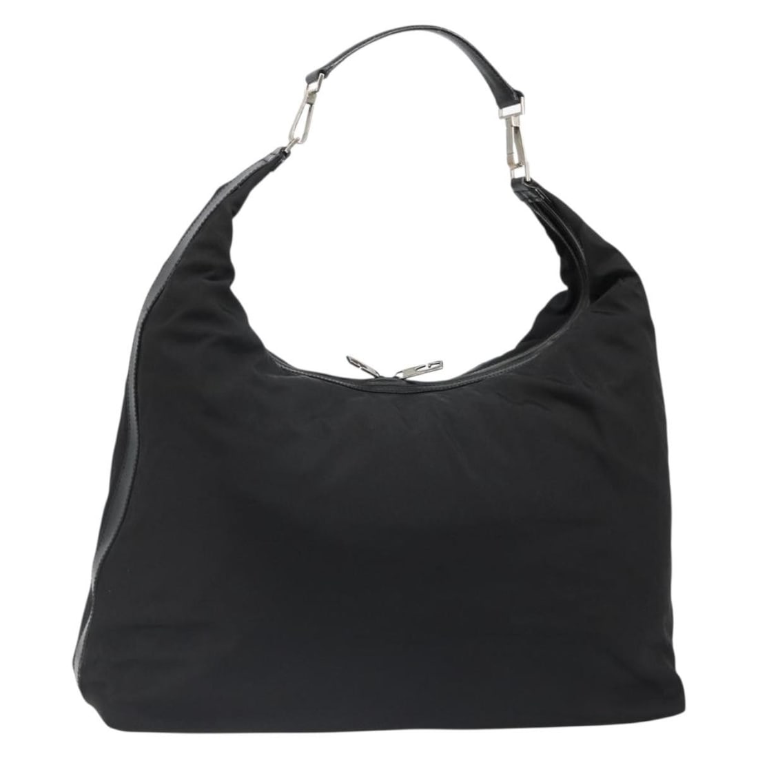GUCCI 012 1553 0326 Black Nylon Shoulder Bag Silver Tone: GUCCI 012 1553 0326 Black Nylon Shoulder Bag Silver Tone GUCCI shoulder bag in black and silver nylon, made in Italy. This women's bag features an exterior nylon construction with a shoulder strap dro