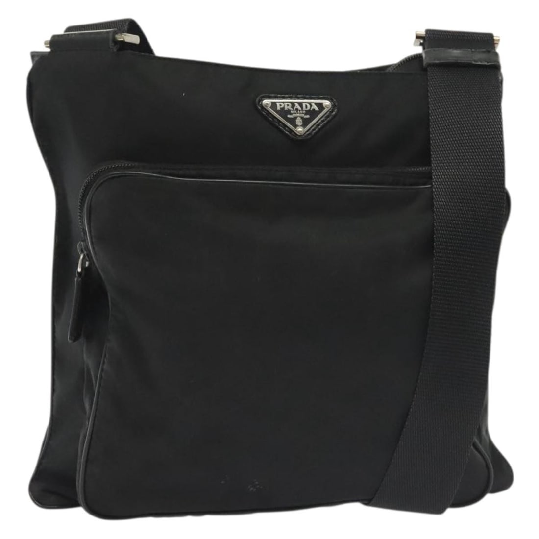 Authentic PRADA Black Silver Nylon Shoulder Bag Italy: Authentic PRADA Black Silver Nylon Shoulder Bag Italy This PRADA shoulder bag is crafted from durable nylon in a sleek black and silver color combination. The bag measures approximately 11.0 inches in