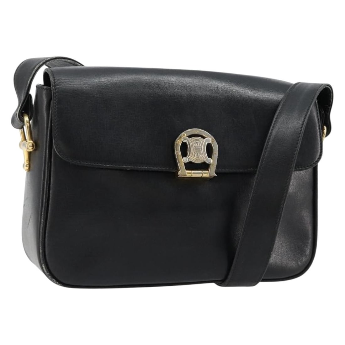 CELINE Leather Shoulder Bag Black Gold Tone Italy: CELINE Leather Shoulder Bag Black Gold Tone Italy CELINE shoulder bag in black and gold leather, made in Italy. The bag has a structured shoulder style with an approximate size of 25 cm W x 19 cm H x 