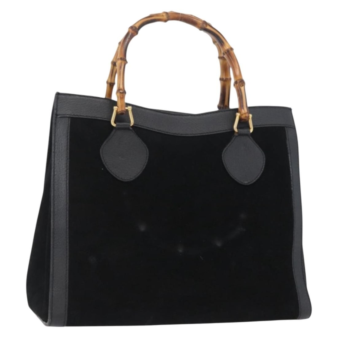 Gucci Bamboo Suede Handbag Black Gold Tone 002 1096 0260: Gucci Bamboo Suede Handbag Black Gold Tone 002 1096 0260 A Gucci Bamboo hand bag in black suede with gold-tone accents, made in Italy. This handbag measures approximately W35 cm x H26 cm x D11 cm, wit