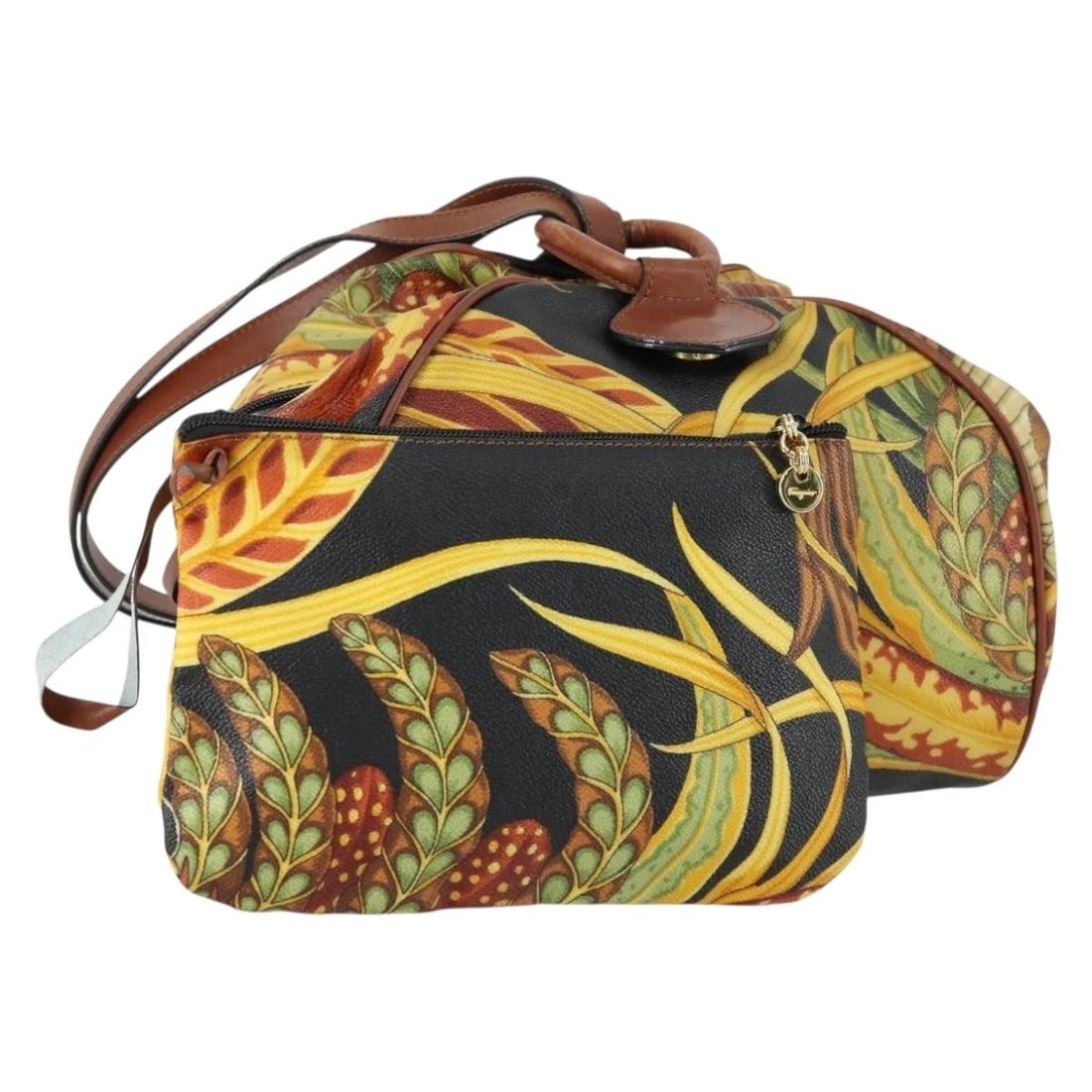 Shoulder Bag Multicolor Botanical Print by Salvatore Ferragamo with Pouch: Shoulder Bag Multicolor Botanical Print by Salvatore Ferragamo with Pouch This Salvatore Ferragamo shoulder bag features a botanical pattern in multicolor with gold accents. Crafted from leather, it i