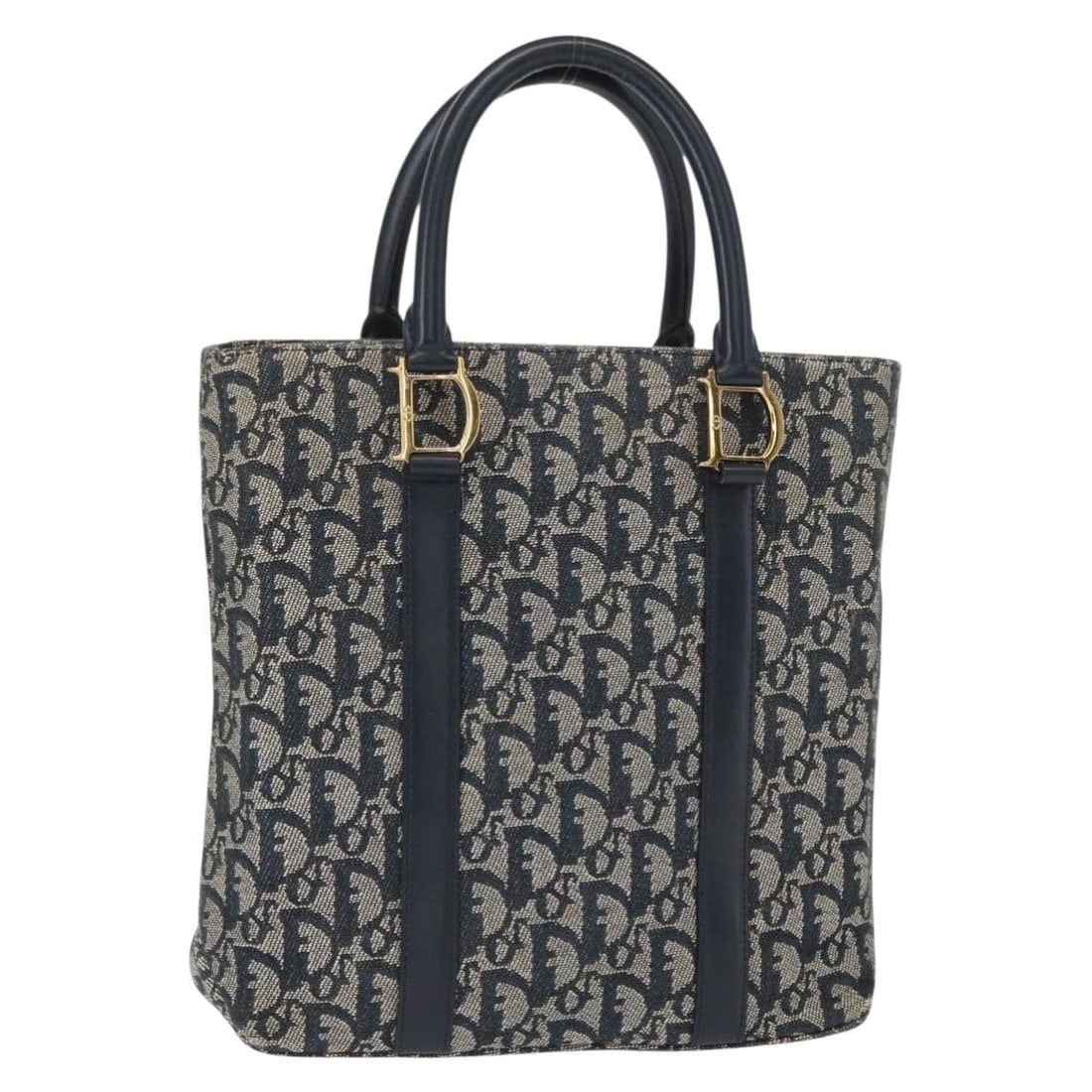Christian Dior Trotter Canvas Handbag Navy Gold Italy: Christian Dior Trotter Canvas Handbag Navy Gold Italy Christian Dior Trotter canvas hand bag in navy and gold, made in Italy. The bag measures approximately W29 cm x H24 cm x D7 cm, with a handle drop