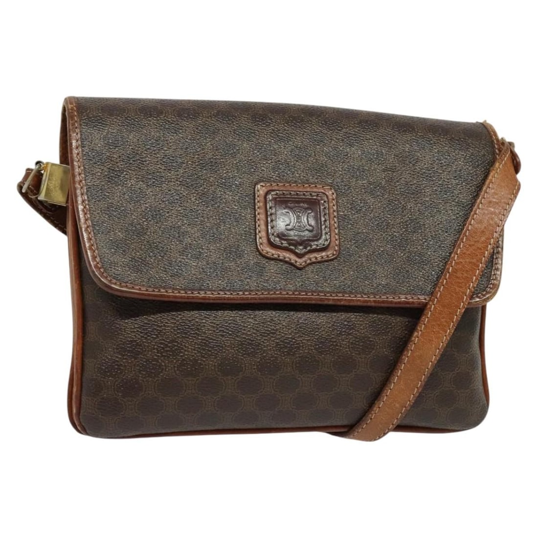 CELINE Macadam Canvas Shoulder Bag Brown Gold PVC Leather Made in Italy: CELINE Macadam Canvas Shoulder Bag Brown Gold PVC Leather Made in Italy This Celine Macadam Canvas Shoulder Bag is a stylish accessory crafted from durable PVC leather, featuring a chic brown and gold