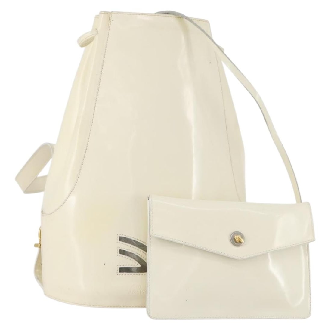 White and Gold Patent Leather Backpack by Salvatore Ferragamo with Pouch: White and Gold Patent Leather Backpack by Salvatore Ferragamo with Pouch This Salvatore Ferragamo women's backpack is crafted from patent leather in a white and gold color scheme. The bag features a