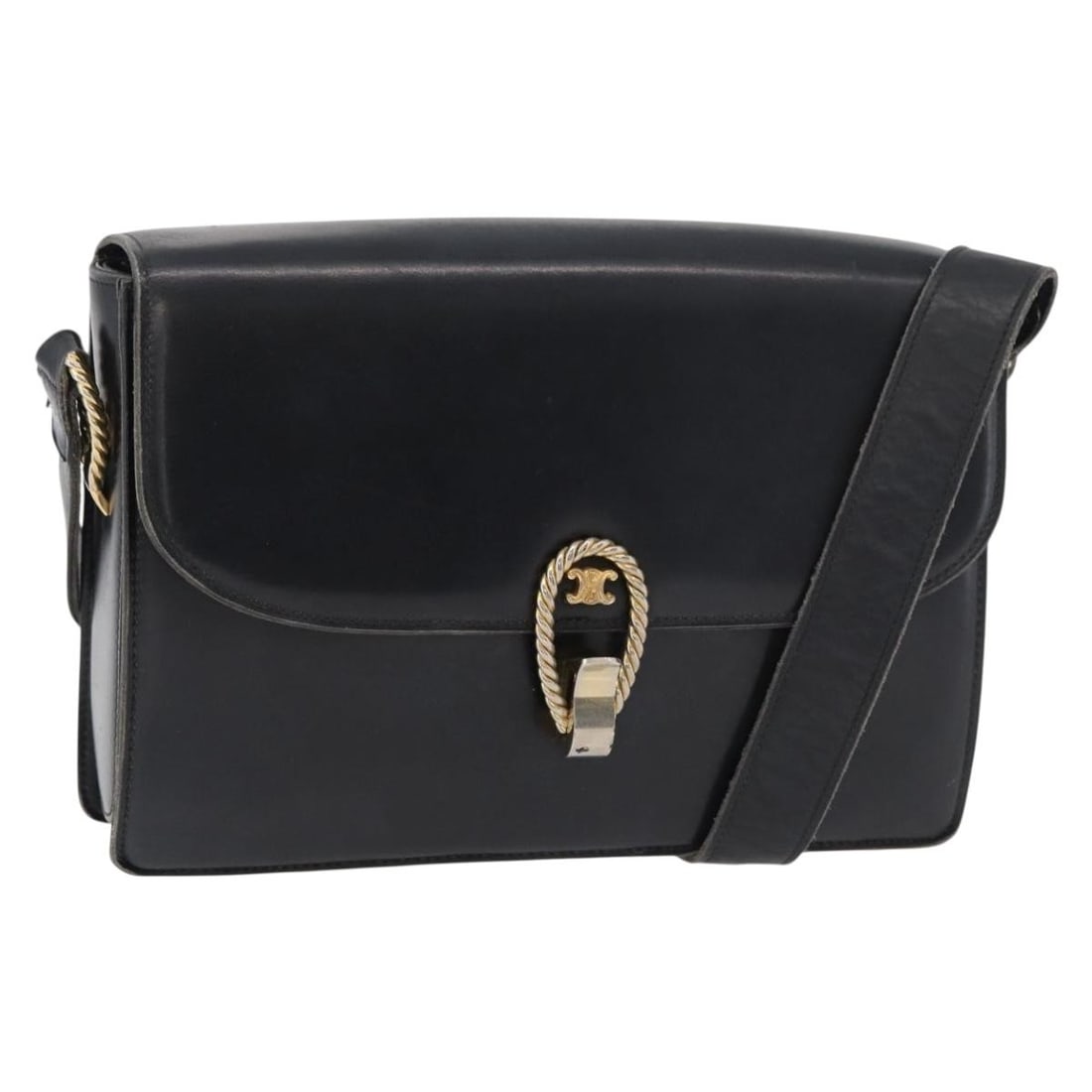 Celine black leather shoulder bag gold tone hardware Italy: Celine black leather shoulder bag gold tone hardware Italy Black and gold CELINE leather shoulder bag made in Italy. The bag has a shoulder drop of approximately 28 to 33 cm and is offered with the