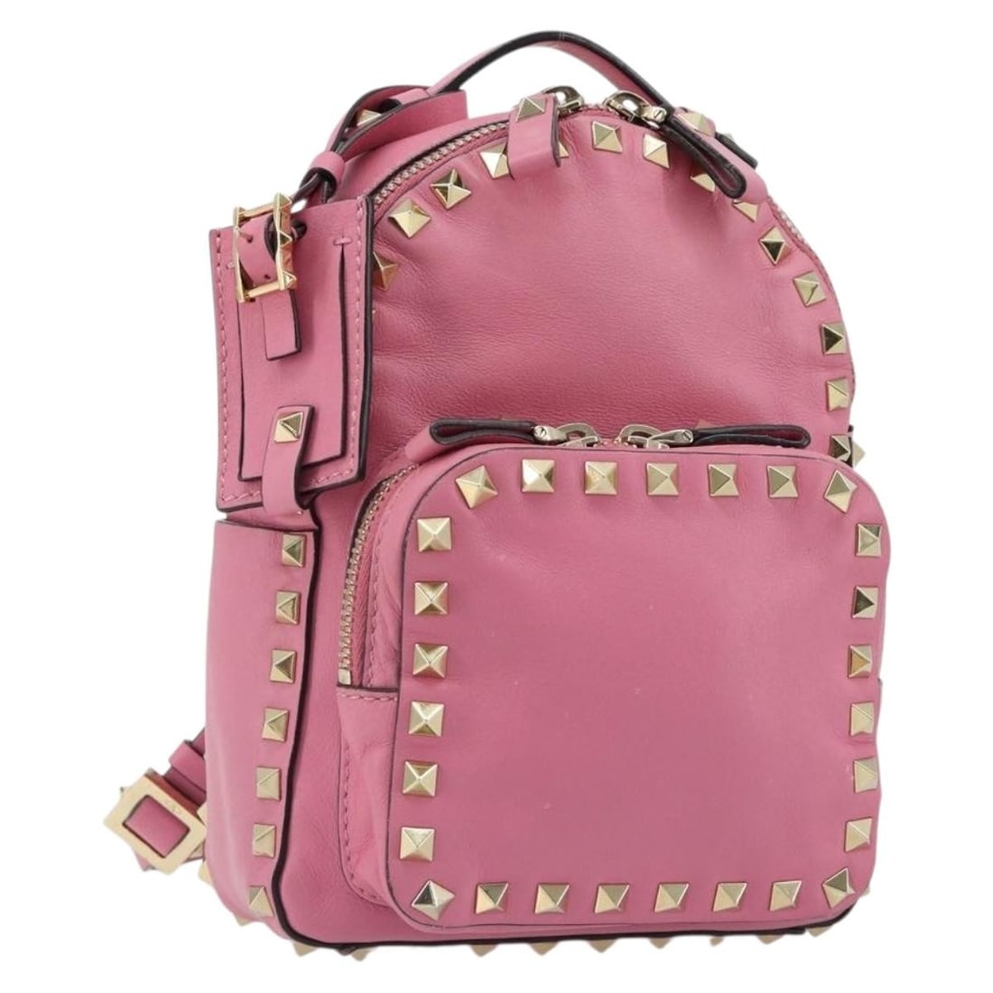 Valentino Leather Backpack Pink Gold Tone with Name Tag: Valentino Leather Backpack Pink Gold Tone with Name Tag Valentino leather backpack in pink and gold, styled with stud details. It includes a name tag accessory and was made in Italy. The item shows he