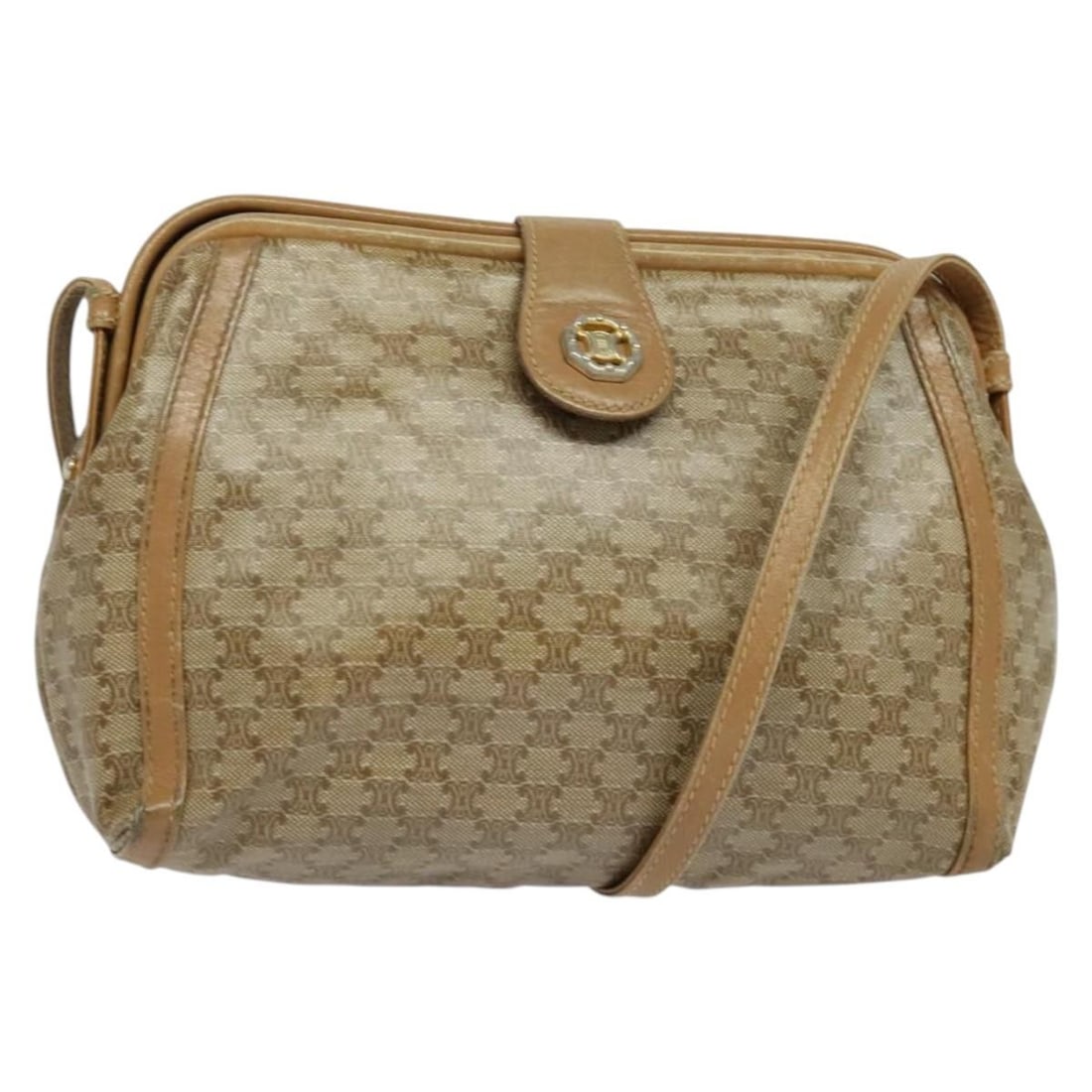 CELINE Macadam Canvas PVC Shoulder Bag Beige Gold Made in Italy: CELINE Macadam Canvas PVC Shoulder Bag Beige Gold Made in Italy This authentic CELINE Macadam Canvas Shoulder Bag is crafted from PVC leather in a stylish beige and gold color combination. Made in Ita