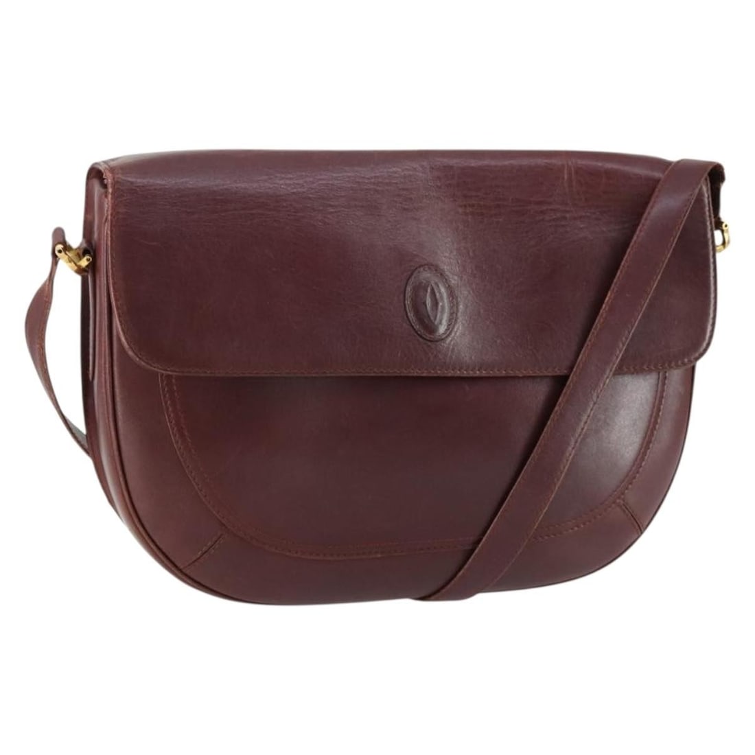 Cartier Must Line Bordeaux Leather Shoulder Bag Gold Tone: Cartier Must Line Bordeaux Leather Shoulder Bag Gold Tone Cartier Must Line shoulder bag in leather with a Bordeaux and gold color scheme. Designed for women, this bag measures approximately 32 cm wid
