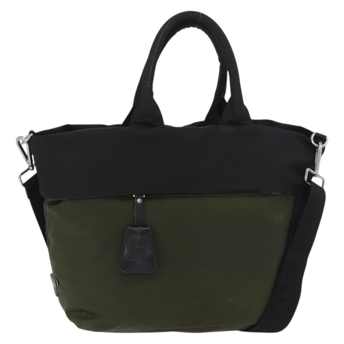 Prada Nylon Green Silver Black 2way Handbag with Strap: Prada Nylon Green Silver Black 2way Handbag with Strap This PRADA handbag features a versatile 2-way design crafted from durable nylon in a striking combination of green, silver, and black. Designed f