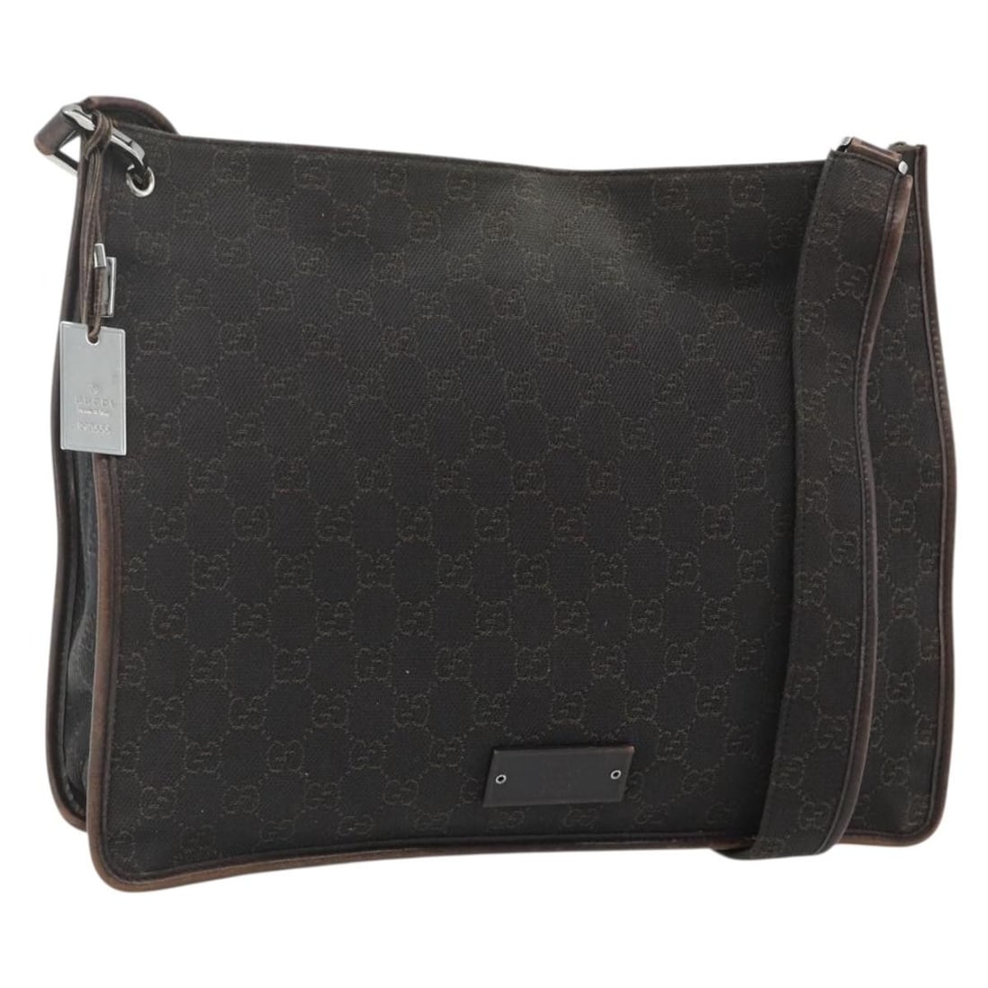 Gucci 90656 GG Canvas Shoulder Bag Dark Brown with Charm: Gucci 90656 GG Canvas Shoulder Bag Dark Brown with Charm GUCCI shoulder bag in dark brown and silver GG Canvas, made in Italy. It includes a charm accessory and has a shoulder bag style. The bag is de