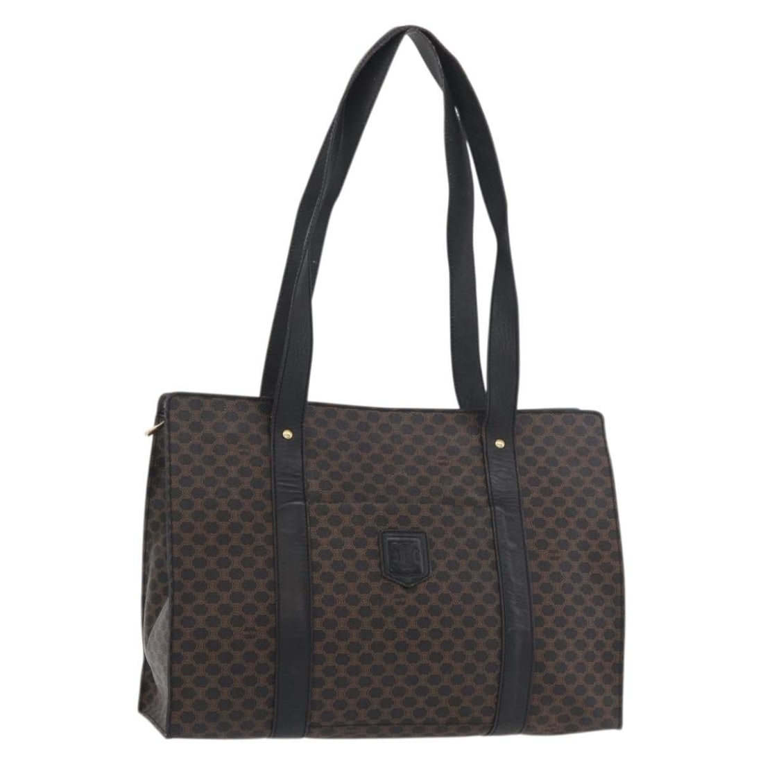 Celine Macadam Canvas PVC Leather Black Gold Tote Bag: Celine Macadam Canvas PVC Leather Black Gold Tote Bag This CELINE Macadam Canvas tote bag features a black and gold color scheme crafted from PVC leather and Macadam canvas. Designed for women, the ba