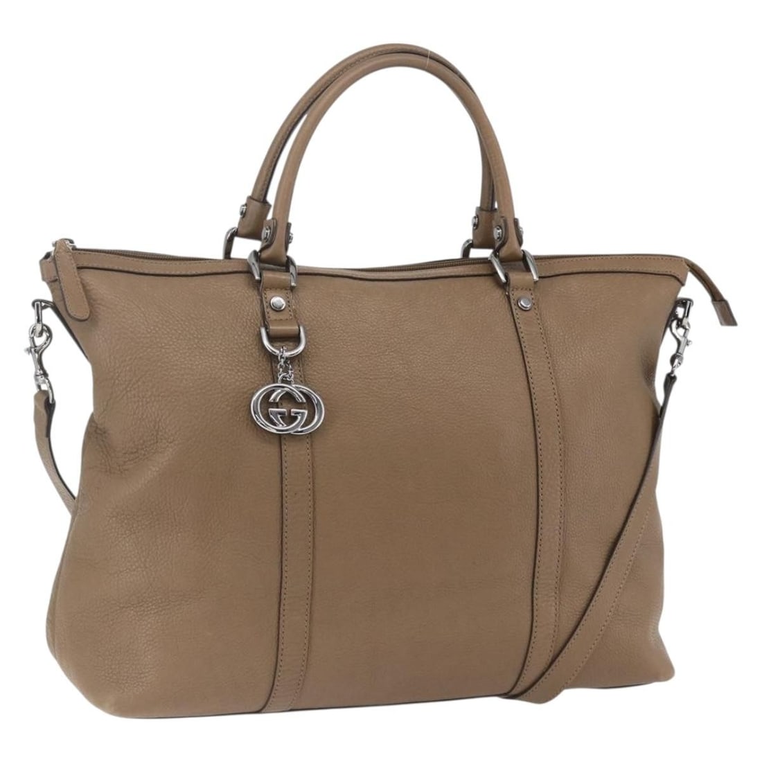 Gucci 339550 Leather Tote Bag Brown Silver 2 Way with Strap: Gucci 339550 Leather Tote Bag Brown Silver 2 Way with Strap Gucci tote bag in leather with a brown and silver exterior. This 2-way style is made in Italy and comes with the listed accessories: padlock