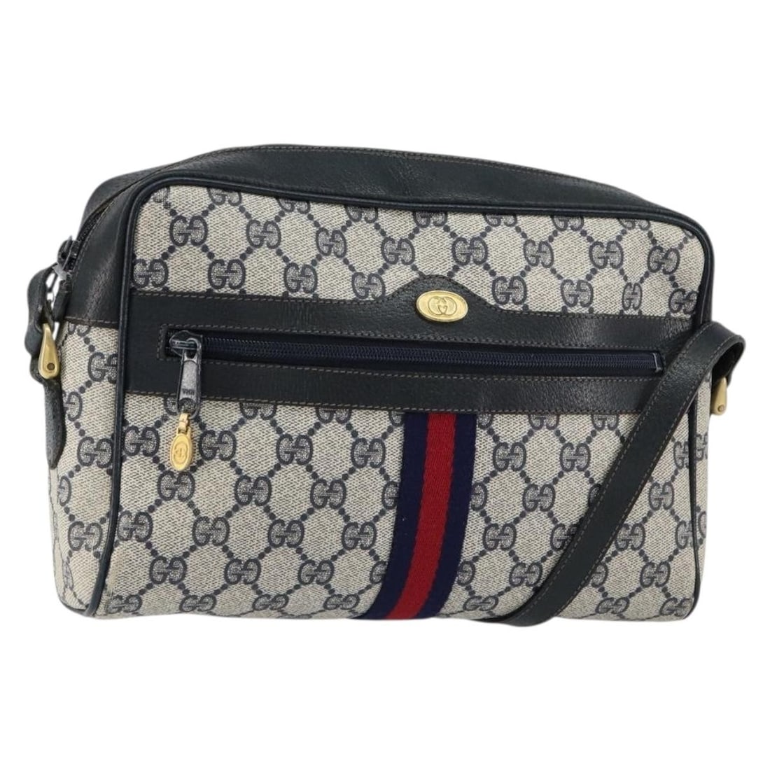 GUCCI GG Supreme Navy Gold Shoulder Bag PVC Auth 001 4071 5: GUCCI GG Supreme Navy Gold Shoulder Bag PVC Auth 001 4071 5 This GUCCI GG Supreme Sherry Line Shoulder Bag is a sophisticated accessory that combines luxury and practicality. Crafted in Italy, this st