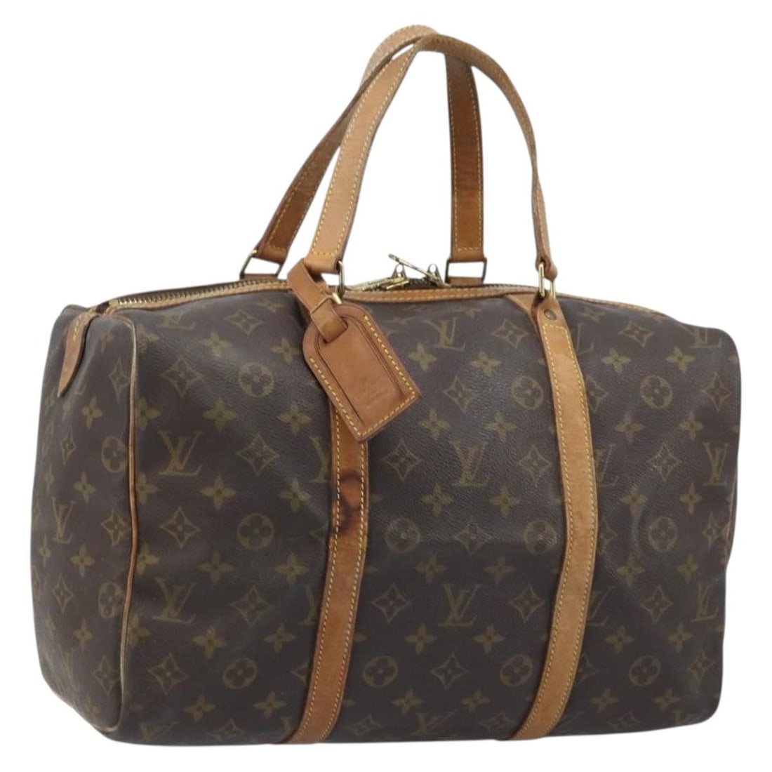 Louis Vuitton M41626 Sac Souple 35 Monogram Canvas Boston Bag: Louis Vuitton M41626 Sac Souple 35 Monogram Canvas Boston Bag Louis Vuitton Sac Souple 35 Boston bag in Monogram canvas, made in France. This women's bag includes a name tag and shows heavy use, with 