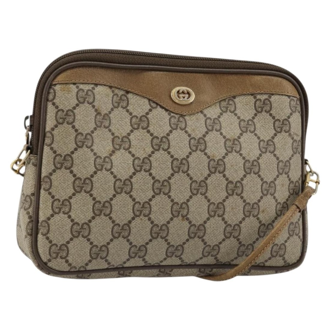 Gucci 97 02 068 GG Supreme PVC Leather Shoulder Bag Beige Gold: Gucci 97 02 068 GG Supreme PVC Leather Shoulder Bag Beige Gold A Gucci shoulder bag in beige and gold with PVC leather and GG canvas. It was made in Italy and measures approximately 8.7 x 6.3 x 2.0 in