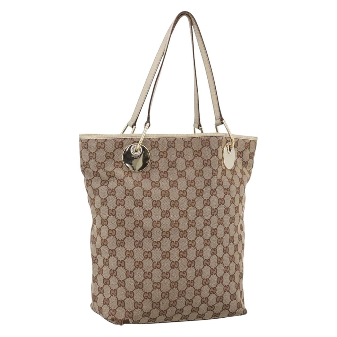 Gucci Beige Gold GG Canvas 120836 Women's Tote Handbag Italy: Gucci Beige Gold GG Canvas 120836 Women's Tote Handbag Italy This is an authentic Gucci GG Canvas Tote Bag in beige and gold. The bag is crafted from signature GG canvas with coordinating beige and go