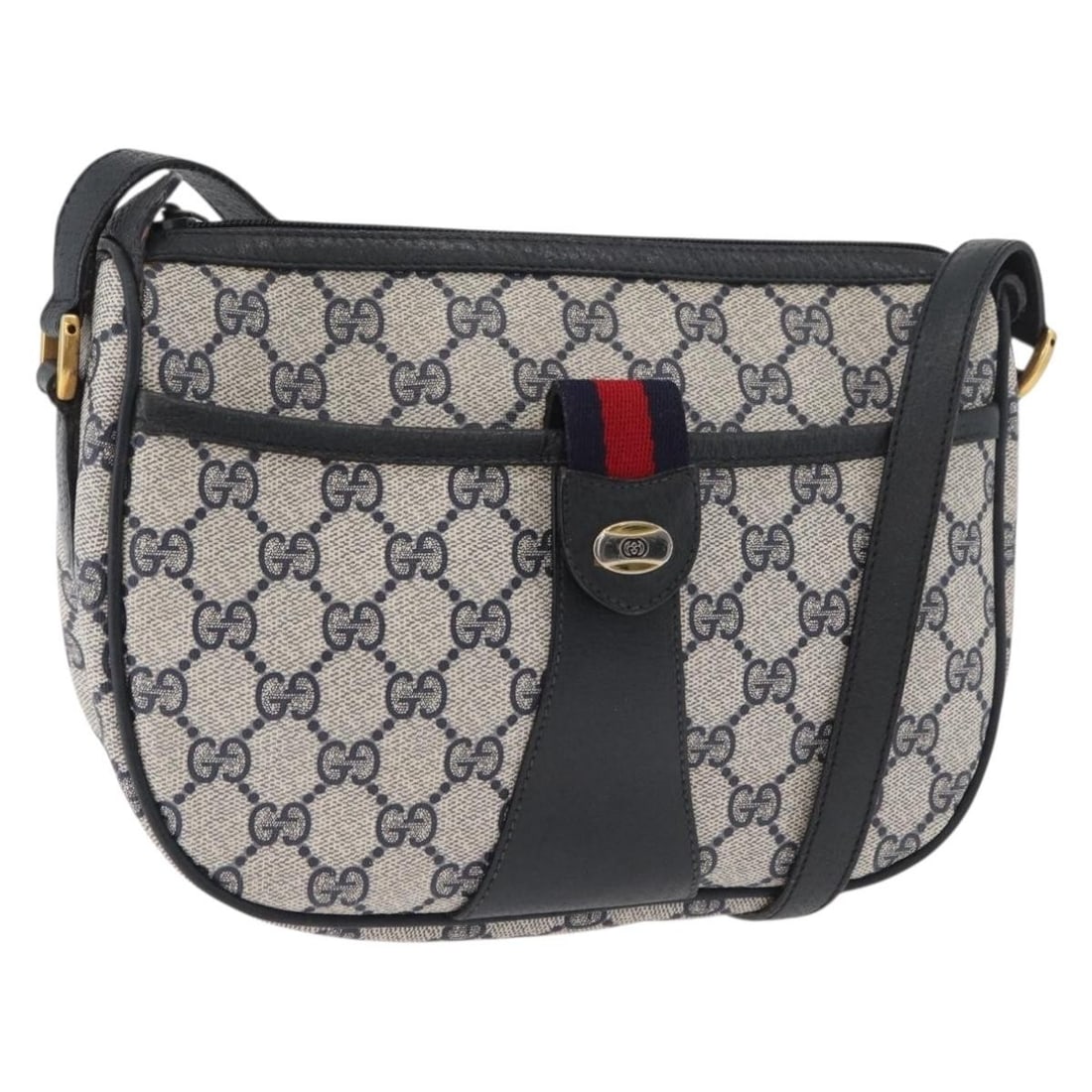 Gucci Sherry Line GG Supreme Navy PVC Leather Shoulder Bag 89 02 032: Gucci Sherry Line GG Supreme Navy PVC Leather Shoulder Bag 89 02 032 A Gucci GG Supreme Sherry Line shoulder bag in navy and gold, made from PVC leather and GG canvas. It features a shoulder strap wit