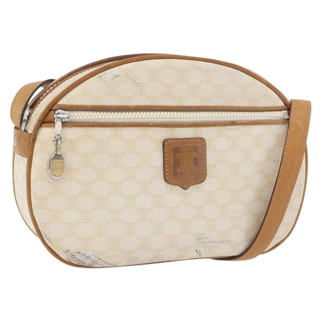 CELINE White Macadam Canvas PVC Shoulder Bag Italy: CELINE White Macadam Canvas PVC Shoulder Bag Italy This CELINE Macadam shoulder bag features a white PVC leather exterior with the signature Macadam canvas design. The bag is crafted in Italy and desi