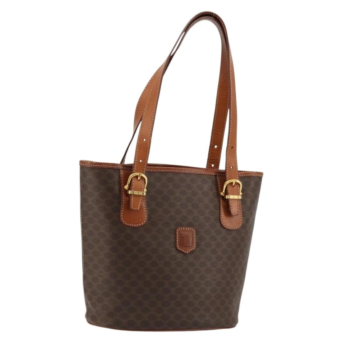 CELINE Macadam Canvas PVC Leather Brown Gold Tote Bag Italy: CELINE Macadam Canvas PVC Leather Brown Gold Tote Bag Italy This CELINE Macadam tote bag is crafted from brown and gold PVC leather with the signature Macadam canvas design. Made in Italy, it features