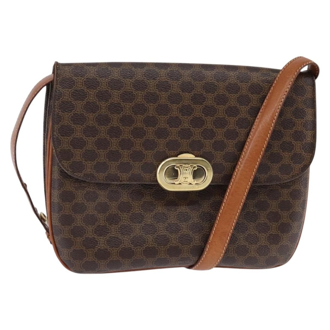 CELINE Macadam Canvas Shoulder Bag Brown Gold PVC Leather Auth F/06: CELINE Macadam Canvas Shoulder Bag Brown Gold PVC Leather Auth F/06 This authentic CELINE Macadam Canvas Shoulder Bag combines style and functionality with its elegant brown and gold color scheme. Cra