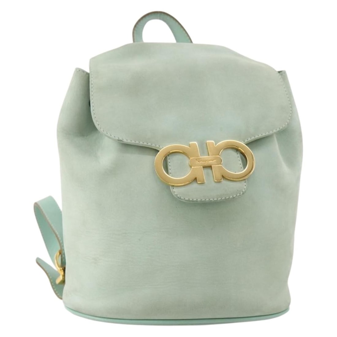 Salvatore Ferragamo Gancini Suede Backpack Green Gold Tone: Salvatore Ferragamo Gancini Suede Backpack Green Gold Tone Salvatore Ferragamo Gancini backpack in green and gold suede, made in Italy. This women's backpack measures approximately 19 cm W x 20 cm H x