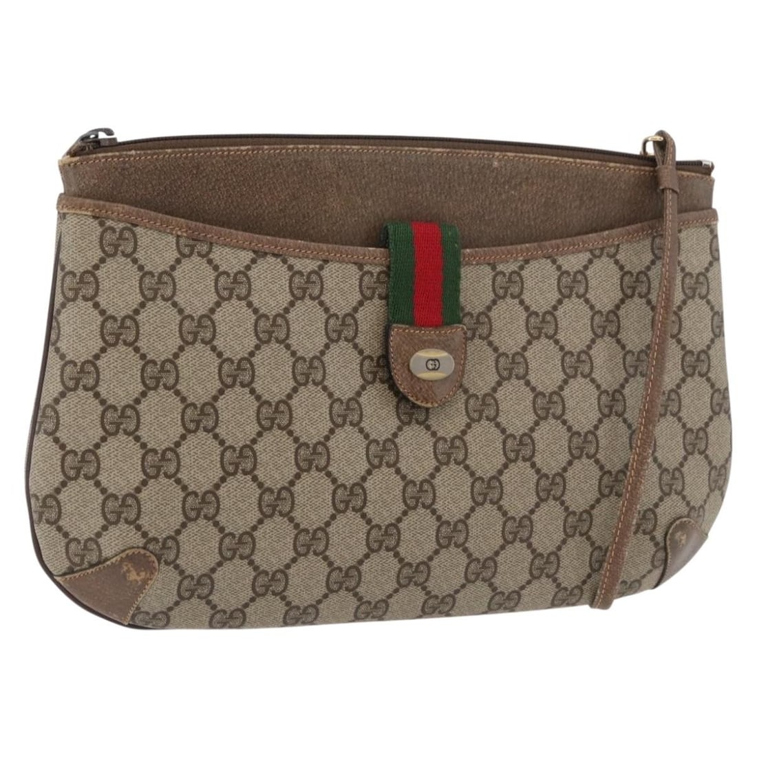 GUCCI 904 02 026 GG Supreme Web Shoulder Bag Beige Gold PVC: GUCCI 904 02 026 GG Supreme Web Shoulder Bag Beige Gold PVC Gucci GG Supreme Web Sherry Line shoulder bag in beige and gold PVC leather with GG canvas. Made in Italy, this women's bag measures approxi