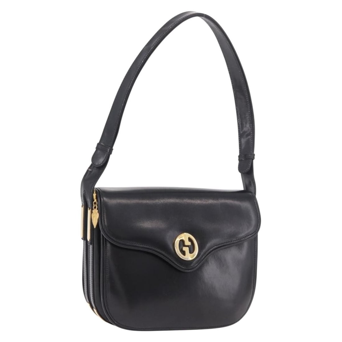 Gucci Black Leather Handbag with Gold Tone Hardware Made in Italy: Gucci Black Leather Handbag with Gold Tone Hardware Made in Italy Black and gold Gucci leather hand bag made in Italy. The bag measures approximately 22 cm W x 18 cm H x 5 cm D, with a handle drop of 