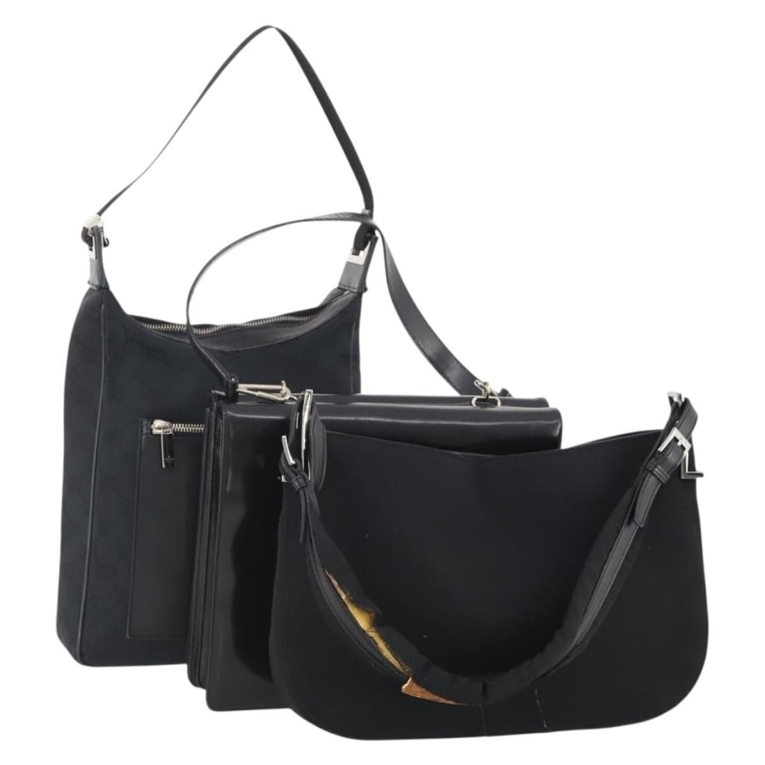 Set of 3 Gucci Black GG Canvas and Nylon Shoulder Bags for Women: Set of 3 Gucci Black GG Canvas and Nylon Shoulder Bags for Women This is a pre-owned Gucci shoulder bag set featuring three pieces crafted from black nylon and GG canvas. Designed for women, this set 