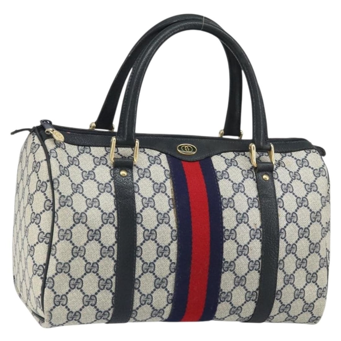 Gucci Sherry Line GG Supreme Boston Bag Navy PVC Leather 33 013 4133: Gucci Sherry Line GG Supreme Boston Bag Navy PVC Leather 33 013 4133 A Gucci Sherry Line Boston Bag in navy and gold, crafted from PVC leather and GG canvas. Made in Italy, this bag features a Boston 