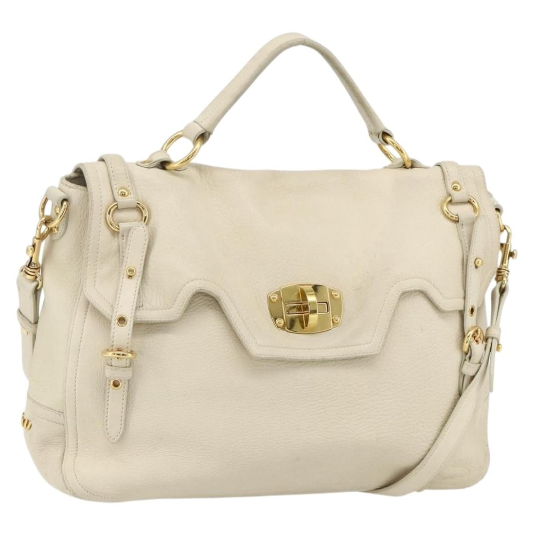 Miu Miu Ivory Gold Leather Shoulder Bag with Strap: Miu Miu Ivory Gold Leather Shoulder Bag with Strap This Miu Miu handbag features an elegant ivory and gold leather exterior and offers versatile carrying options with both top handles and a