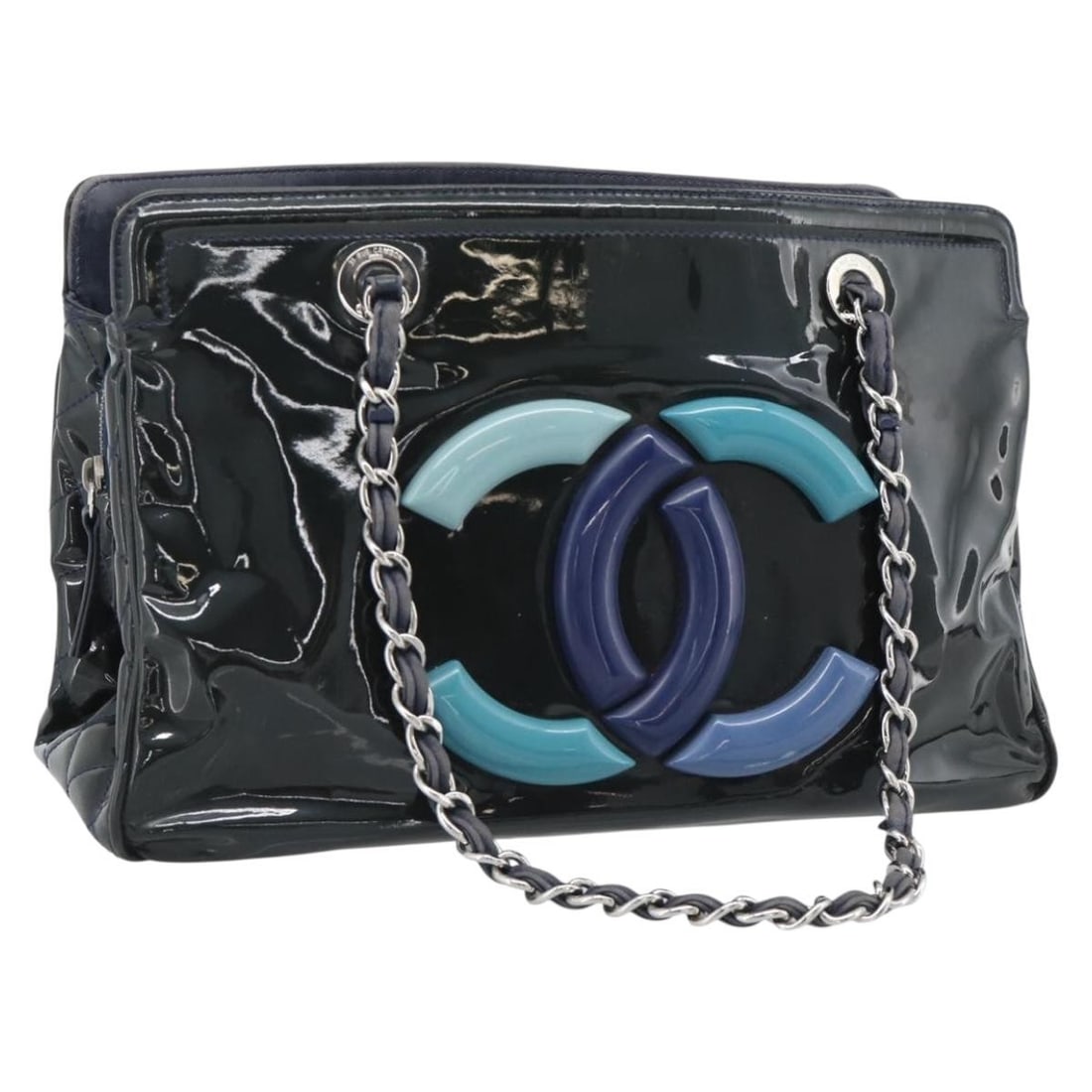 CHANEL Lip Stick Patent Leather Tote Black Silver CC Bag: CHANEL Lip Stick Patent Leather Tote Black Silver CC Bag Black and silver CHANEL tote bag in patent leather, made in Italy. The bag features a chain handle and measures approximately W32 x H21 x D12 c