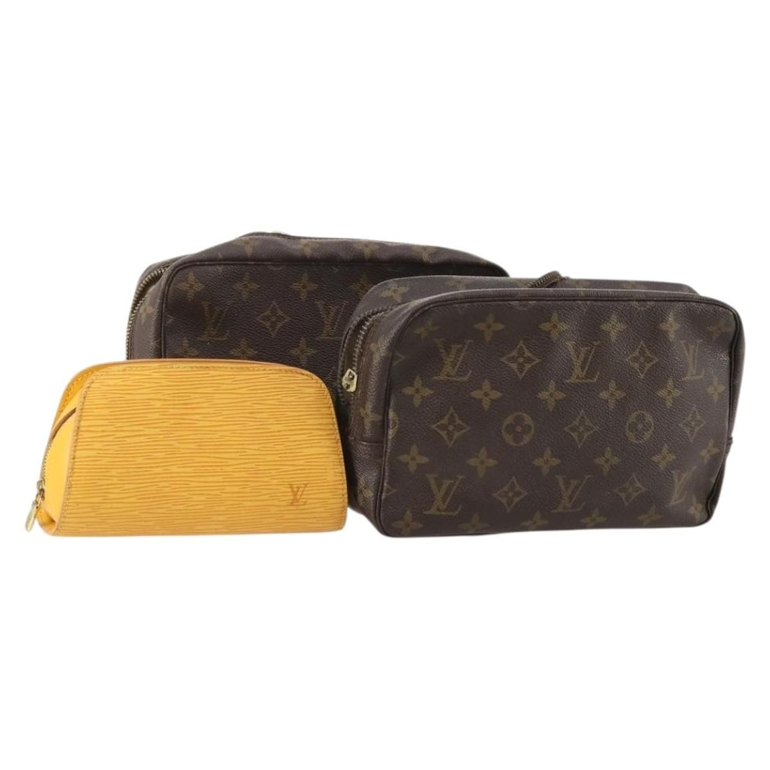 3 Piece Louis Vuitton Monogram Canvas Clutch Bag Set Yellow: 3 Piece Louis Vuitton Monogram Canvas Clutch Bag Set Yellow Louis Vuitton clutch bag set in Monogram canvas with a Monogram and yellow color scheme, made in France. The listing notes that there is no 