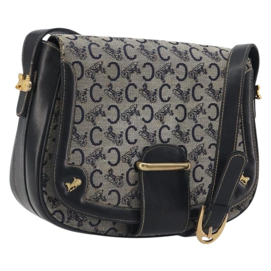 Celine Sulky Canvas Shoulder Bag Navy Gold Italy: Celine Sulky Canvas Shoulder Bag Navy Gold Italy A CELINE C Sulky shoulder bag in navy and gold canvas, made in Italy. This shoulder bag measures approximately 26 cm W x 20 cm H x 8 cm D, with an appr