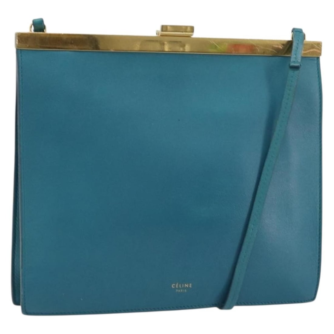 CELINE Mini Clasp Leather Shoulder Bag Blue Gold: CELINE Mini Clasp Leather Shoulder Bag Blue Gold CELINE Mini Clasp Shoulder Bag in blue and gold leather, made in Italy. This women's shoulder bag features a compact silhouette with a 22.4 inch should