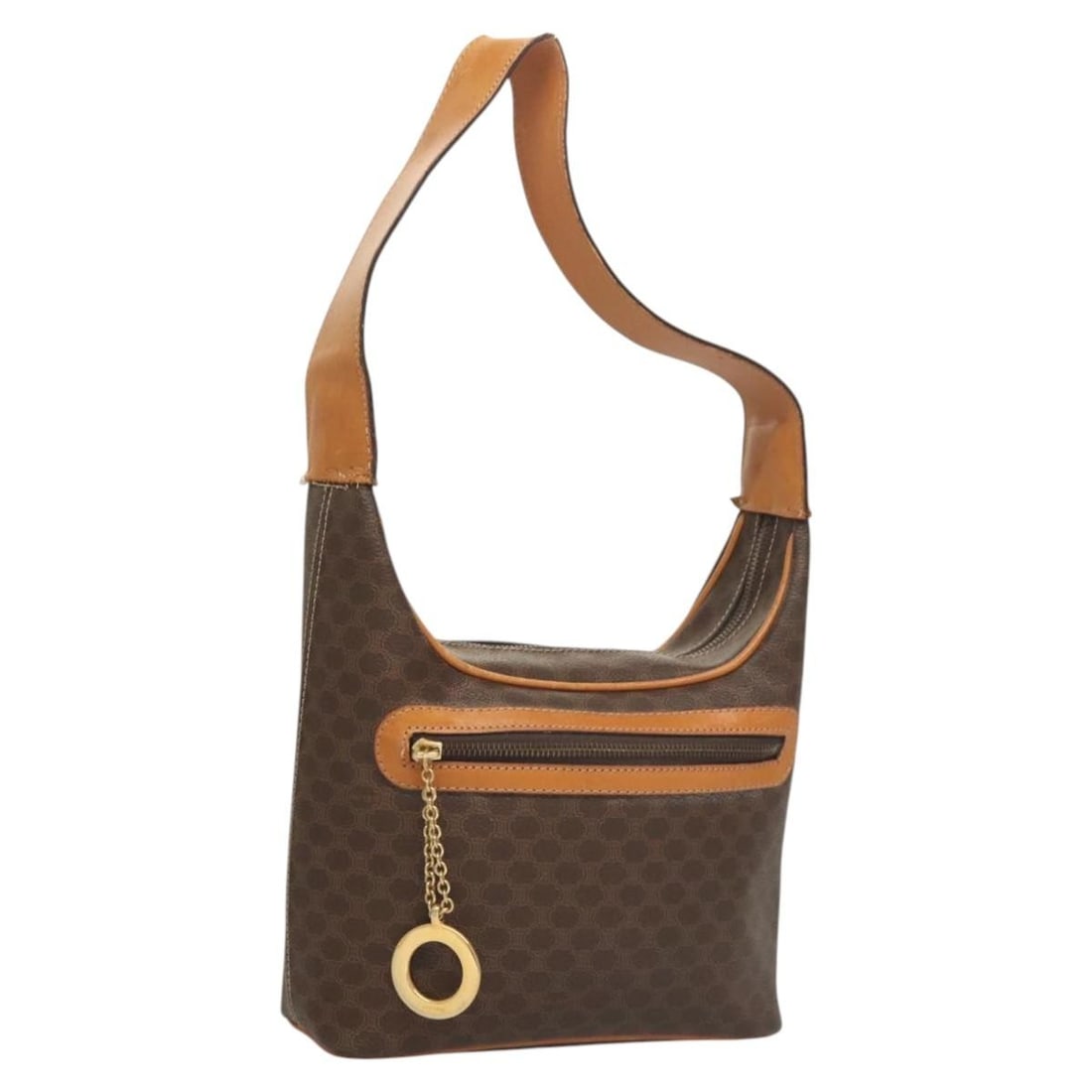 Celine Macadam Brown PVC Shoulder Bag with Gold Accents: Celine Macadam Brown PVC Shoulder Bag with Gold Accents This is a CELINE Macadam Canvas shoulder bag crafted from PVC leather in brown and gold tones. The bag features the iconic Macadam canvas, a sin