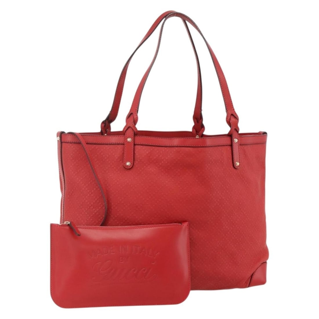 Gucci 247209 Diamante PVC Leather Tote with Pouch Red Gold: Gucci 247209 Diamante PVC Leather Tote with Pouch Red Gold Gucci Diamante tote bag in red and gold PVC leather with an included pouch. This women's tote is made in Italy and shows heavy use, with visi