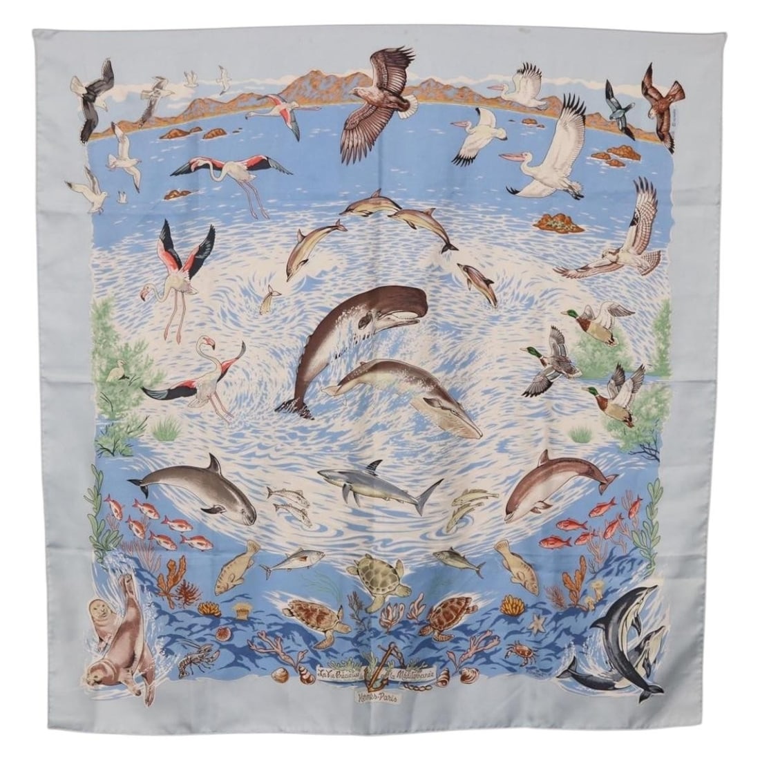 Hermes Carre 90 Silk Scarf La Vie Precieuse de la Mediterranee Blue: Hermes Carre 90 Silk Scarf La Vie Precieuse de la Mediterranee Blue Hermes Carre 90 scarf in light blue silk with the title "Lavie Precieuse de la Mediterranee." It is a scarf made in France and measu